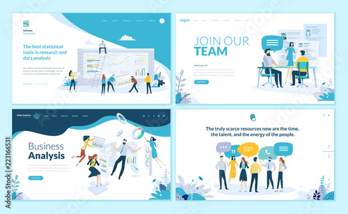 Set of web page design templates for business app, data analysis, career, communication, teamwork. Modern vector illustration concepts for website and mobile website development. 