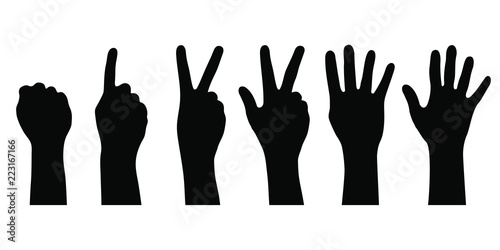 Hands silhouettes with finger count. Gestures hand symbols, counting by bending fingers. Hands human signs isolated on white background. Vector illustration