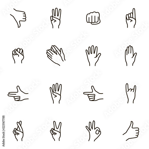 Hand Gestures Signs Black Thin Line Icon Set. Vector