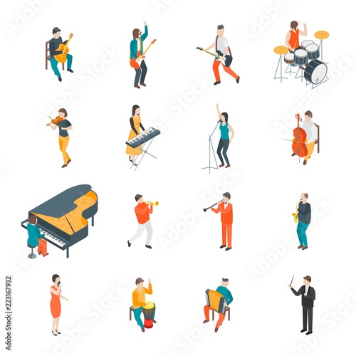 Characters Different Musicians People Set 3d Isometric View. Vector