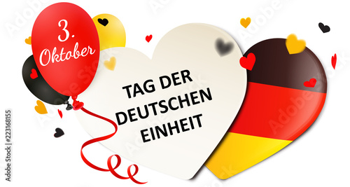 Tag der deutschen Einheit - Herz Karte und Herz Fahne mit Luftballons und Konfetti photo