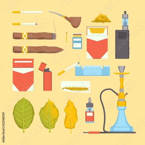 Cartoon Color Smoking Tobacco Products Icon Set. Vector