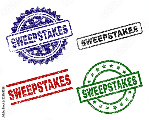 SWEEPSTAKES seal prints with corroded style. Black, green,red,blue vector rubber prints of SWEEPSTAKES tag with corroded texture. Rubber seals with circle, rectangle, rosette shapes.