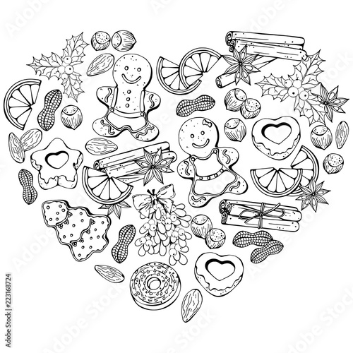 Group of vector illustrations on the Christmas Traditions theme; set of different kinds of Christmas symbols and sweets: candies, fruits and nuts. Pictures are depicted as sketches.