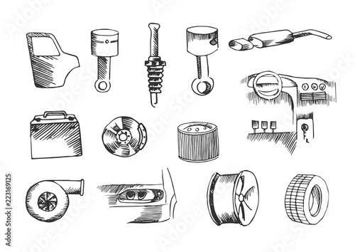 Set of car parts, repair automobile. Doodle vector sketches