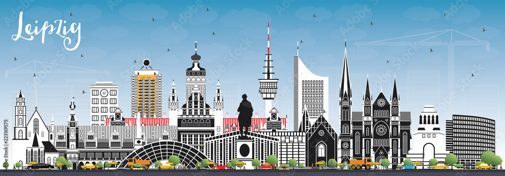 Leipzig Germany City Skyline with Gray Buildings and Blue Sky.