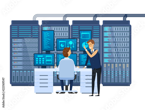 Server room, equipping network administrator's workplace, monitoring database.