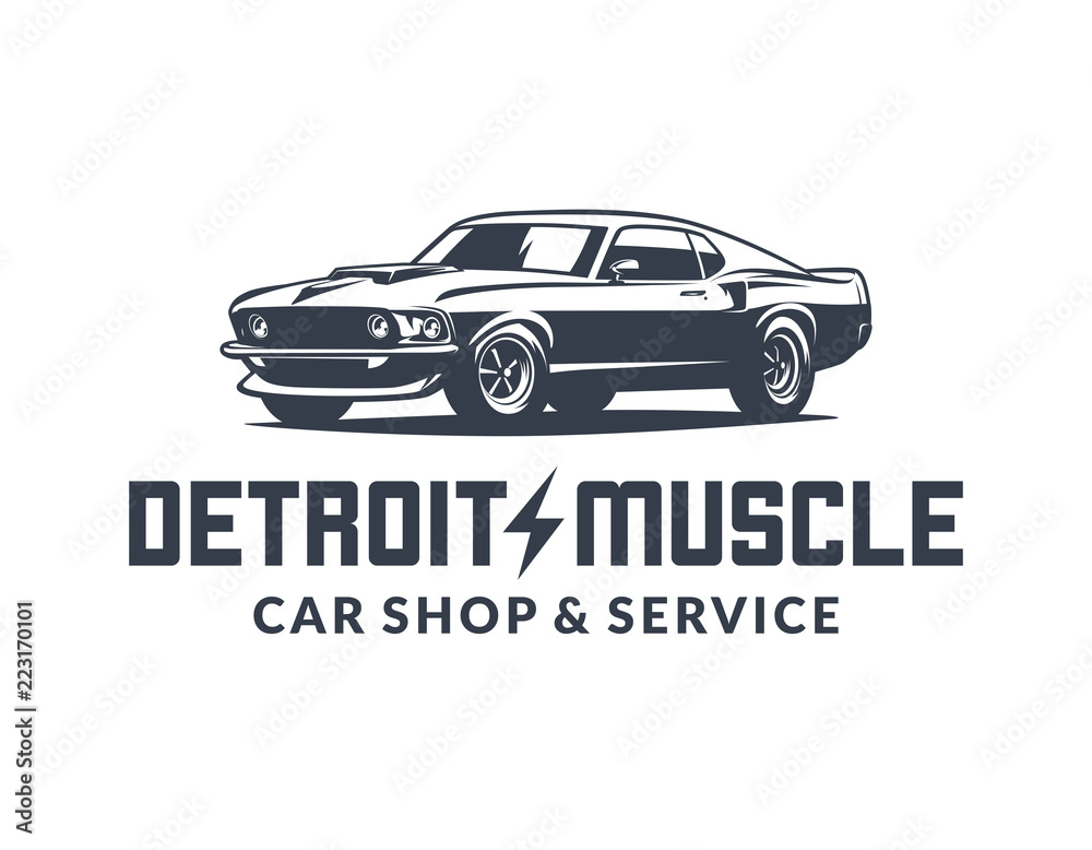 American muscle car vector logo isolated on white background. 60s classic car illustration.
