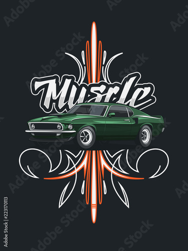 Classic muscle car poster with tribal ornament on dark background.