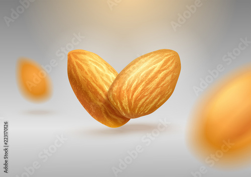 Flying almonds on gray isolated background. Realistic vector 3d illustration. Template for packaging design, print design, postcard, banner, label, poster, background.