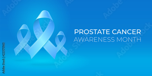 Flying blue ribbons on blue background. Medical banner with copy space. Realistic vector 3d illustration for card, poster, banner. Prostate cancer awareness.