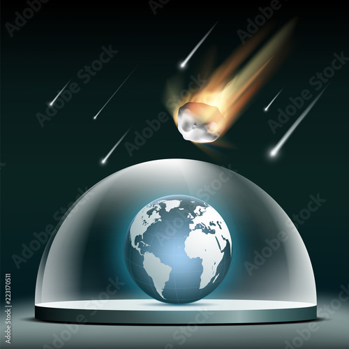 Planet earth under a glass dome. Protection from asteroids.