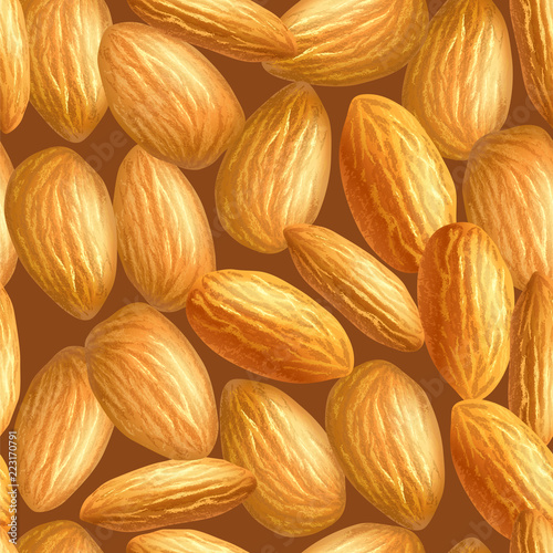 Realistic almonds texture. Seamless vector pattern. Template for background, wallpaper, postcard, print, textile. Vector illustration EPS10.
