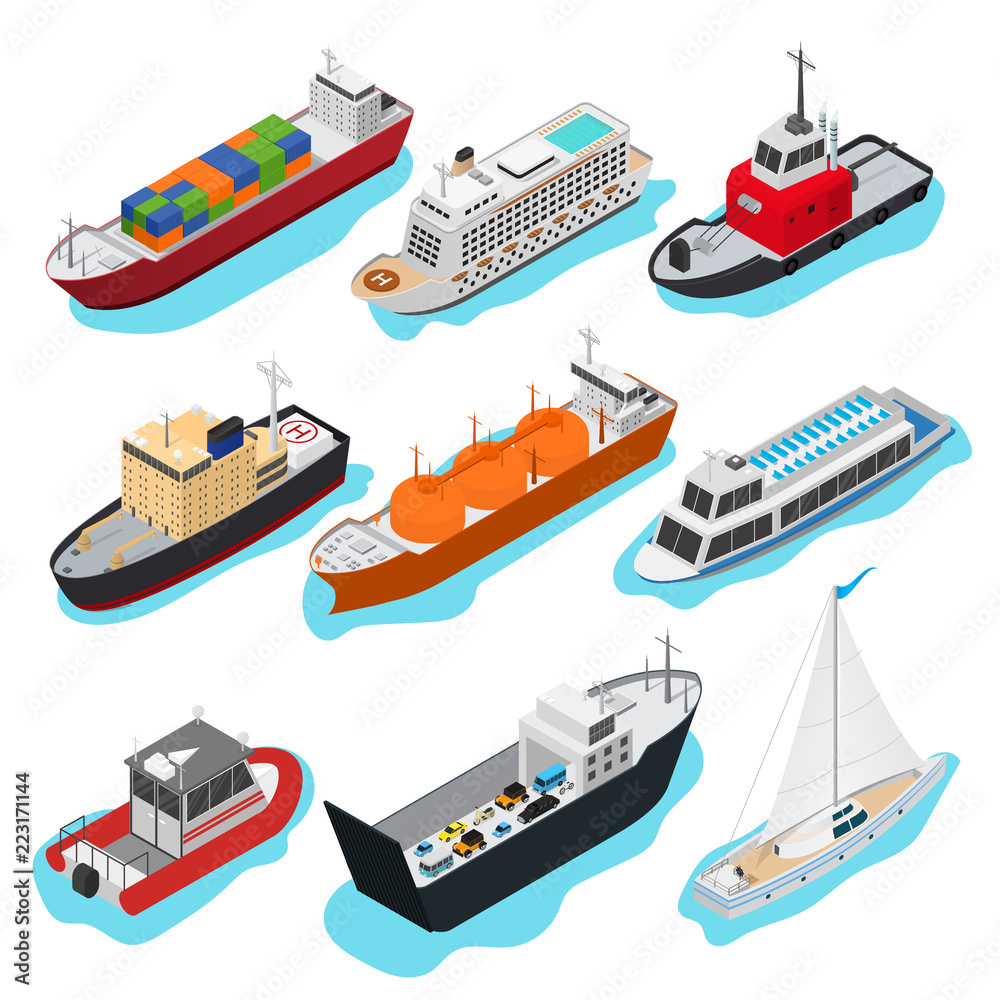 Obraz premium Commercial Sea Ships Signs 3d Icon Set Isometric View. Vector