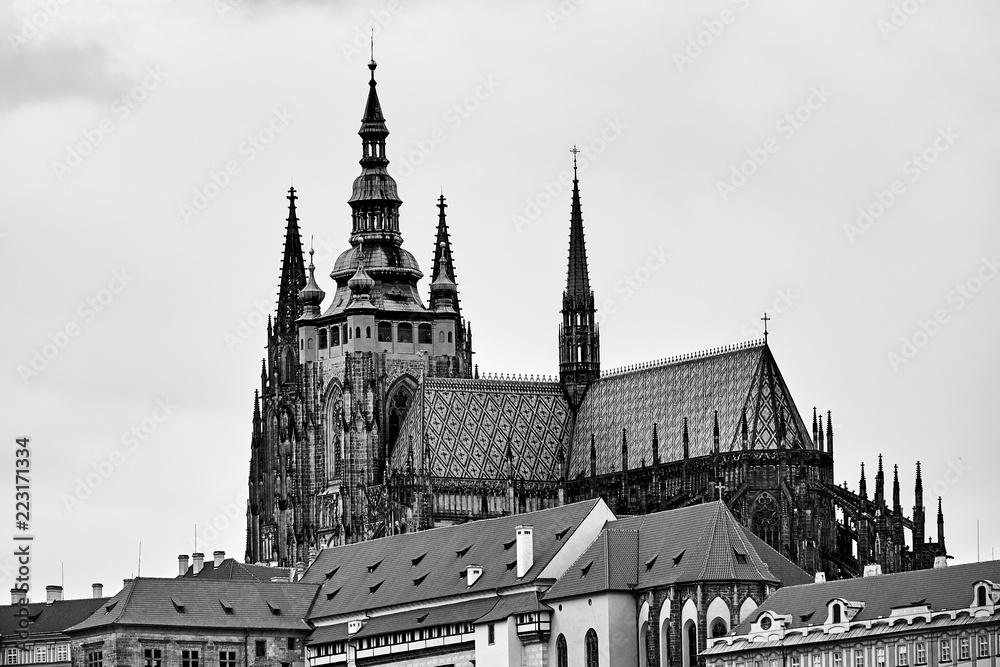 Prague Castle. Prague, Czech Republic. Architecture and landmark of Prague. Black and White