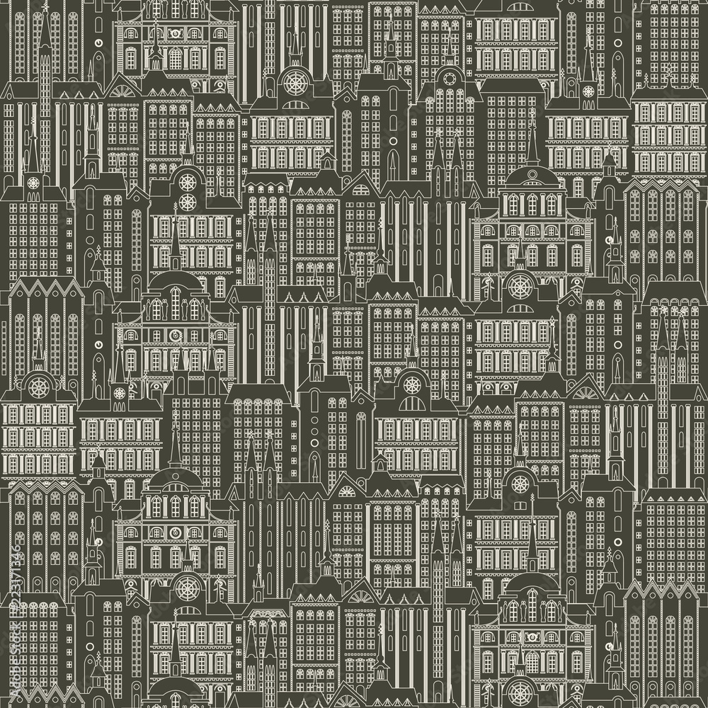Vector seamless pattern with a lot of buildings of the Old town in retro style. Seamless black and white drawing background, can be used as wallpaper or wrapping paper.