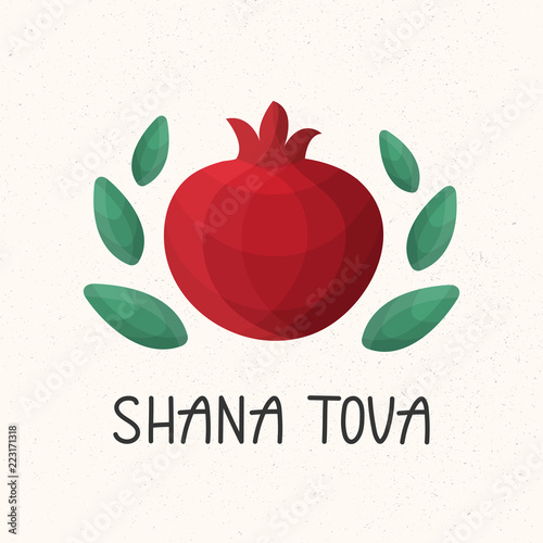 Shana Tova lettering card decorated by multicolor garnet and leaf. Greeting card design for Jewish New Year, Rosh Hashanah. Vector illustration with stylized low poly pomegranate. EPS 10