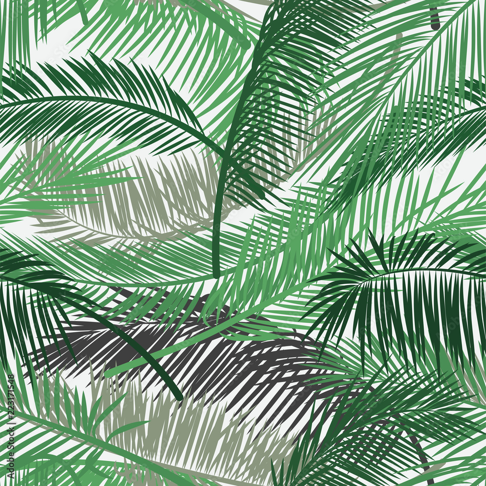 Fototapeta Tło z dwóch warstw tropikalnych liści. Wzór liści palmowych. Bezszwowe wektor wzór do druku, tapety, tła strony, pocztówki, tkaniny, tkaniny. Ilustracji wektorowych.