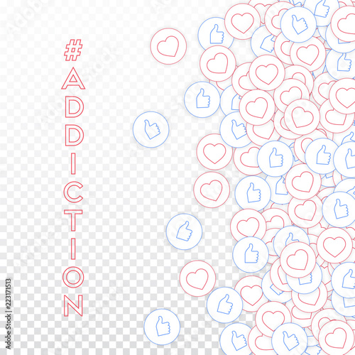 Social media icons. Social media addiction concept. Falling scattered thumbs up hearts. Scatter righ