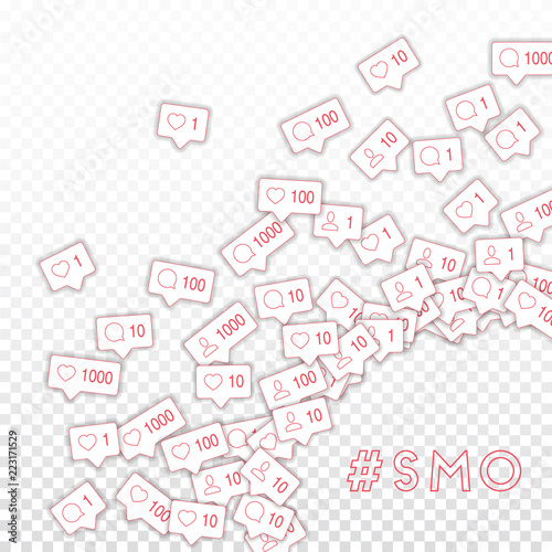 Social media icons. Smo concept. Falling counter comment friend notification. Radiant right bottom c