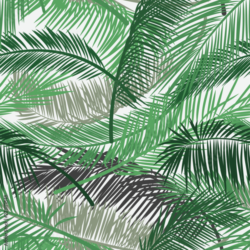 Fototapeta Naklejka Na Ścianę i Meble -  Vector background with two layers of tropical foliage. Palm leaves pattern. Seamless vector pattern for print design, wallpaper, site backgrounds, postcard, textile, fabric. Vector illustration.
