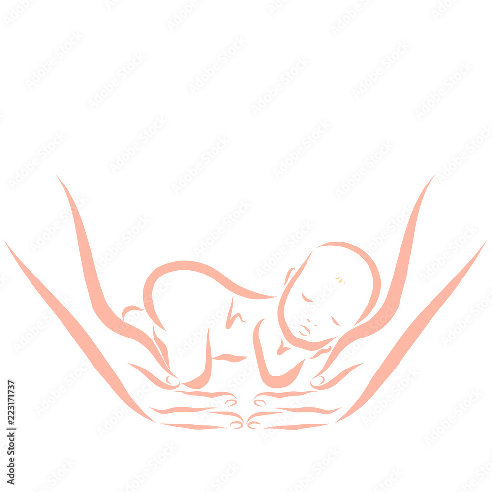 Cute newborn naked baby sleeping in caring hands Cute newborn naked baby sleeping in caring hands