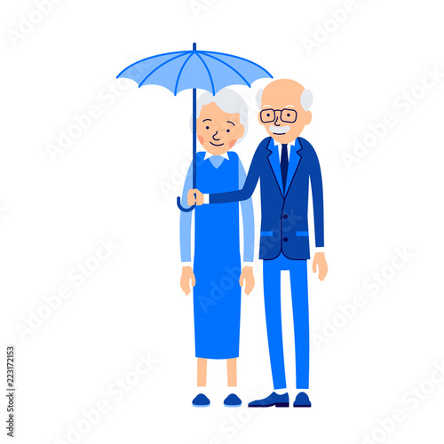 Old couple under umbrella. An elderly man stands and holds an umbrella over an elderly woman. Illustration of people characters isolated on white background in flat style