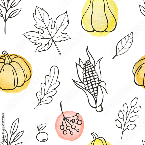 Seamless pattern with pumpkins and leaves