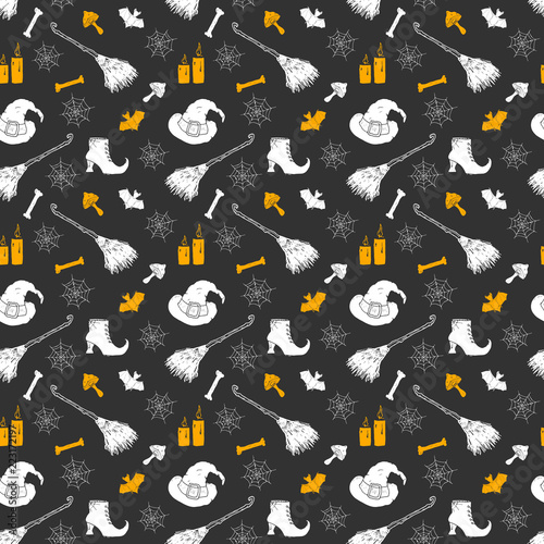 Halloween seamless pattern. Hand drawn sketched background, party invitation or holiday banner design vector illustration