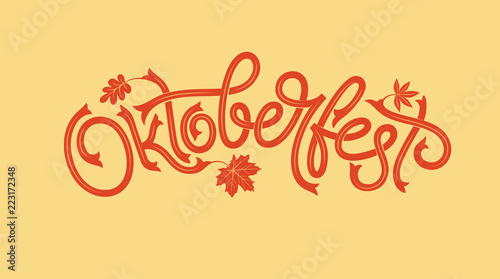 Oktoberfest logotype with maple leaf. Beer Festival vector banner. Illustration of Bavarian festival design with floral wreath. Vector lettering for logo, poster, card, postcard, banner.