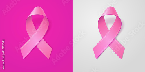 Realistic Pink Ribbon on light pink and gray background. Breast cancer awareness symbol in october. Template for banner, poster, invitation, flyer. Vector illustration.