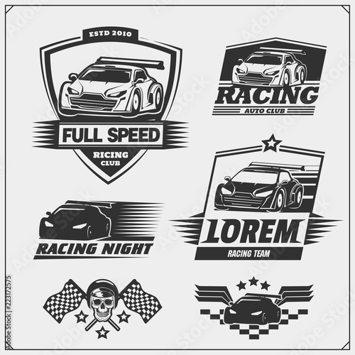Set of Racing club emblems, labels and design elements. Speeding racing cars illustrations. photo