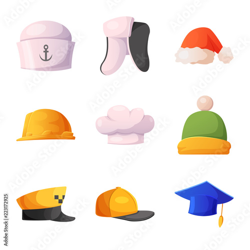 Vector illustration of headgear and cap sign. Set of headgear and accessory stock vector illustration.