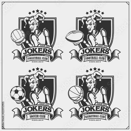 Volleyball, baseball, soccer and football logos and labels. Sport club emblems with Joker.
