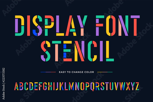 Stencil font. Colorful condensed alphabet and font. Condensed bold uppercase stencil letters. Type, typography letter latin font. Hand-drawn modern narrow font for headline, text. Vector Illustration