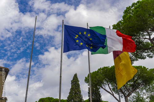 Photography European Union, Italian and Rome flags waving