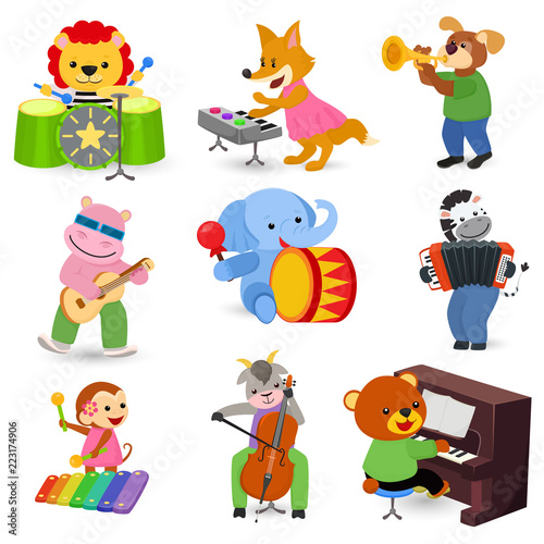 Animal music vector animalistic character musician lion or dog playing on musical instruments guitar and piano illustration set of elephant or monkey with drum isolated on white background