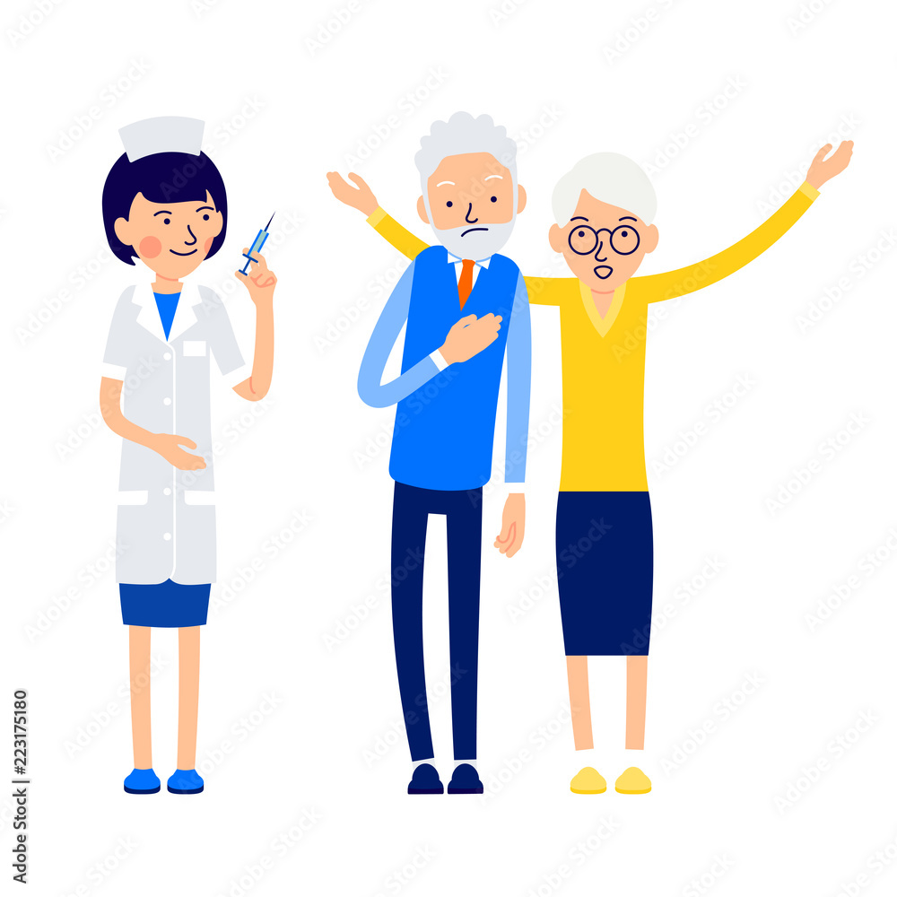 Nurse is getting ready to inject. Elderly man is ill and feels bad. His wife lifting hands up is calling for help. Illustration of people characters isolated on white background in flat style Nurse is getting ready to inject. Elderly man is ill and feels bad. His wife lifting hands up is calling for help. Illustration of people characters isolated on white background in flat style