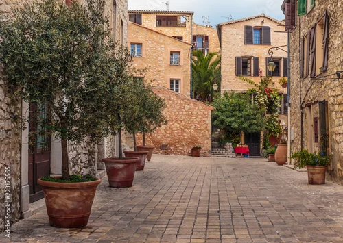 Obraz Wąska brukowana ulica z kwiatami we Francji.