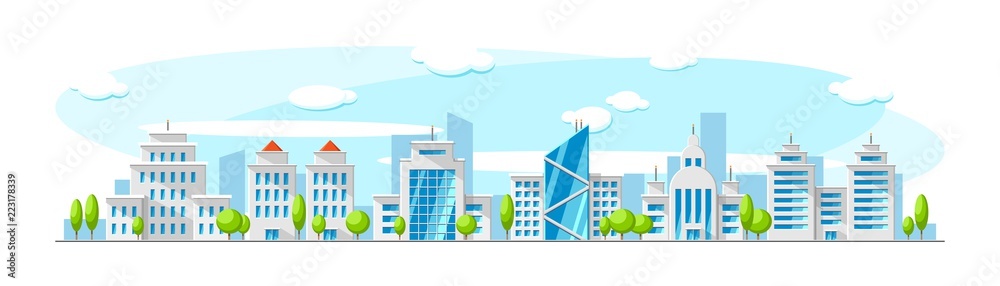 Cityscape with modern skyscrapper buildings like bank, office and apartment. Vector flat town illustration