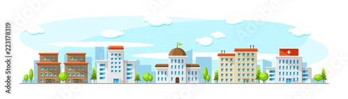 Cityscape with old and modern buildings like hospital, parliament, office and school. Vector flat town illustration