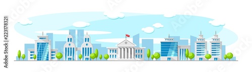 Cityscape with old parliament building and modern skyscrapper buildings like bank, office, apartment. Vector flat town illustration