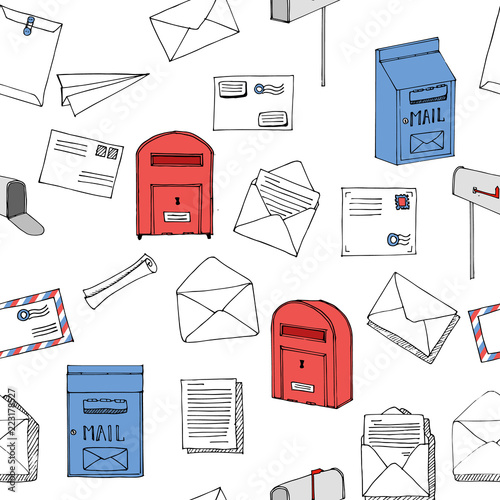 Hand drawn seamless pattern. Mail, post, letter, envelope, paper plane,mailbox cartoon Set. Vector illustration. Delivery Doodle decorative elements. Mail and post in sketch style.