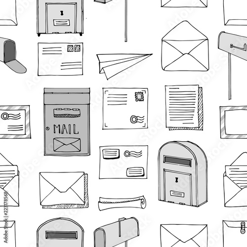Hand drawn seamless pattern. Mail, post, letter, envelope, paper plane,mailbox cartoon Set. Vector illustration. Delivery Doodle decorative elements. Mail and post in sketch style.