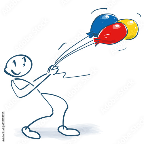 Strichmännchen mit Luftballons im Sturm