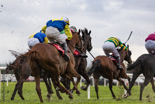 Race horses and jockeys sprint towards the finish line,