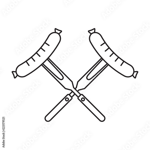 Cooked hot fried sausage on fork. Vector illustration with tasty bratwurst. Isolated on white background. 