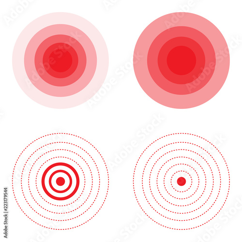 Set of pain red circle or localization mark, aching place sign. Abstract vector symbol of the disease focus.