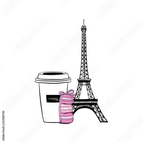 Vector illustration hand drawn Paris set cup of coffee with macaroons with bow ribbon for design. Paris Set with Eiffel Tower, Stack of macaron with pink ribbon and bow, macaroon cakes, sketch style