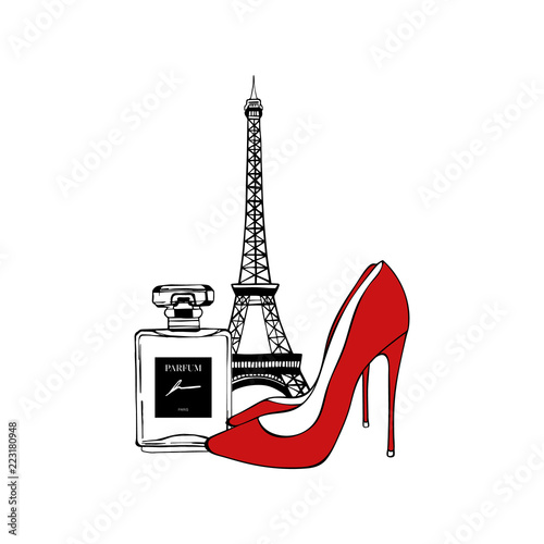 Paris set: Eiffel Tower, red Shoes, Perfume. Vector hand drawn illustration with Eiffel tower. Fashionable accessories. Paris romantic design. Vector trendy illustration. Beauty fashion woman set.